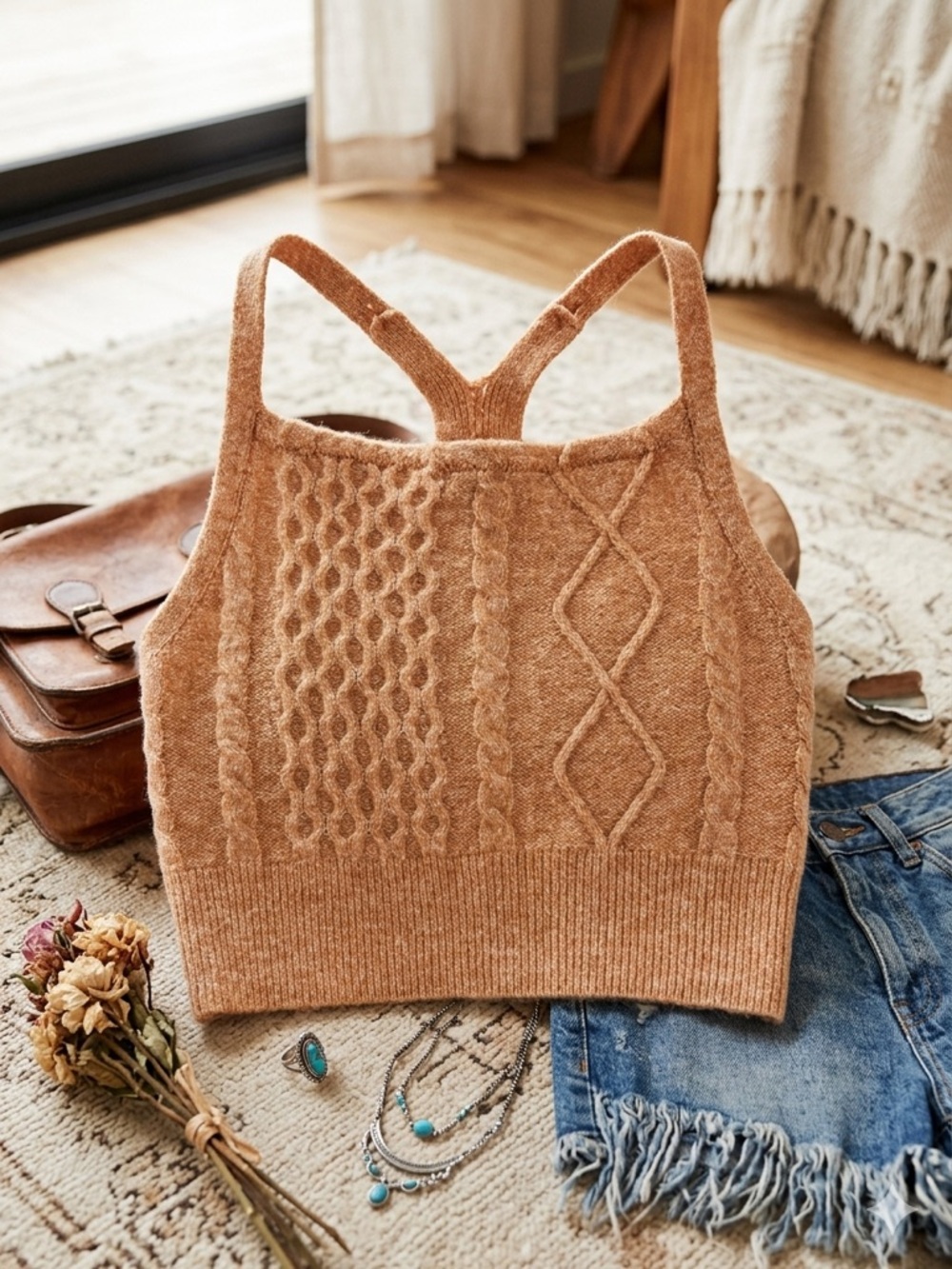 Free People NEW Cable Knit Crop Tank Top in Camel